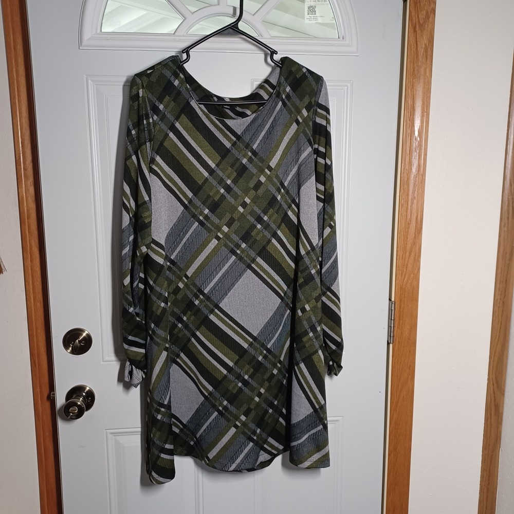 R&K Elegant Green Black Gray L/S Plaid Shift Dress Size 14 Fall Holiday Grunge